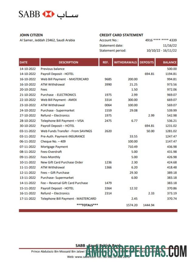 Saudi Arabia SABB Bank Statement Xls modelo